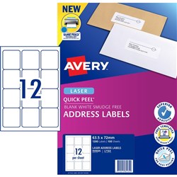 Avery Quick Peel Address Laser White L7164 63.5x72mm 12UP 1200 Labels 100 Sheets