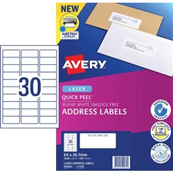 Avery Quick Peel Address Laser White L7158 64x26.7mm 30UP 3000 Labels 100 Sheets