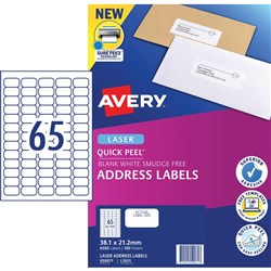 Avery Quick Peel Address Laser White L7651 38.1x21.2mm 65UP 6500 Labels 100 Sheets