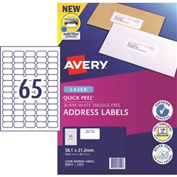 Avery Quick Peel Address Laser White L7651 38.1x21.2mm 65UP 1625 Labels 25 Sheets
